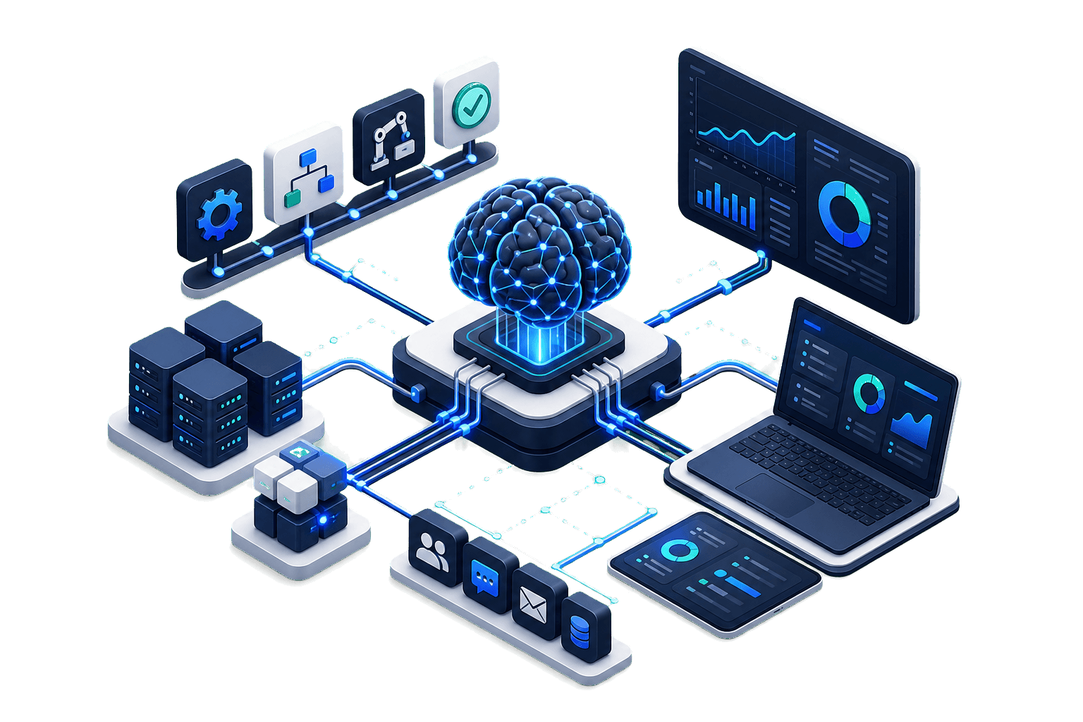 AI brain connected to business workflows, dashboards, and automation systems